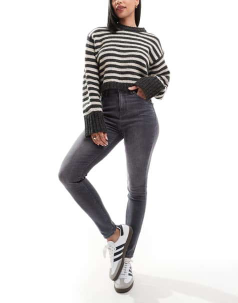 Bershka – Skinny-Jeans in verwaschenem Dunkelgrau mit hohem Bund - view 1