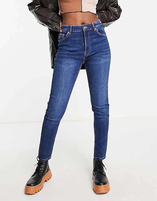 Bershka - Skinny jeans met hoge taille in donkerblauw
