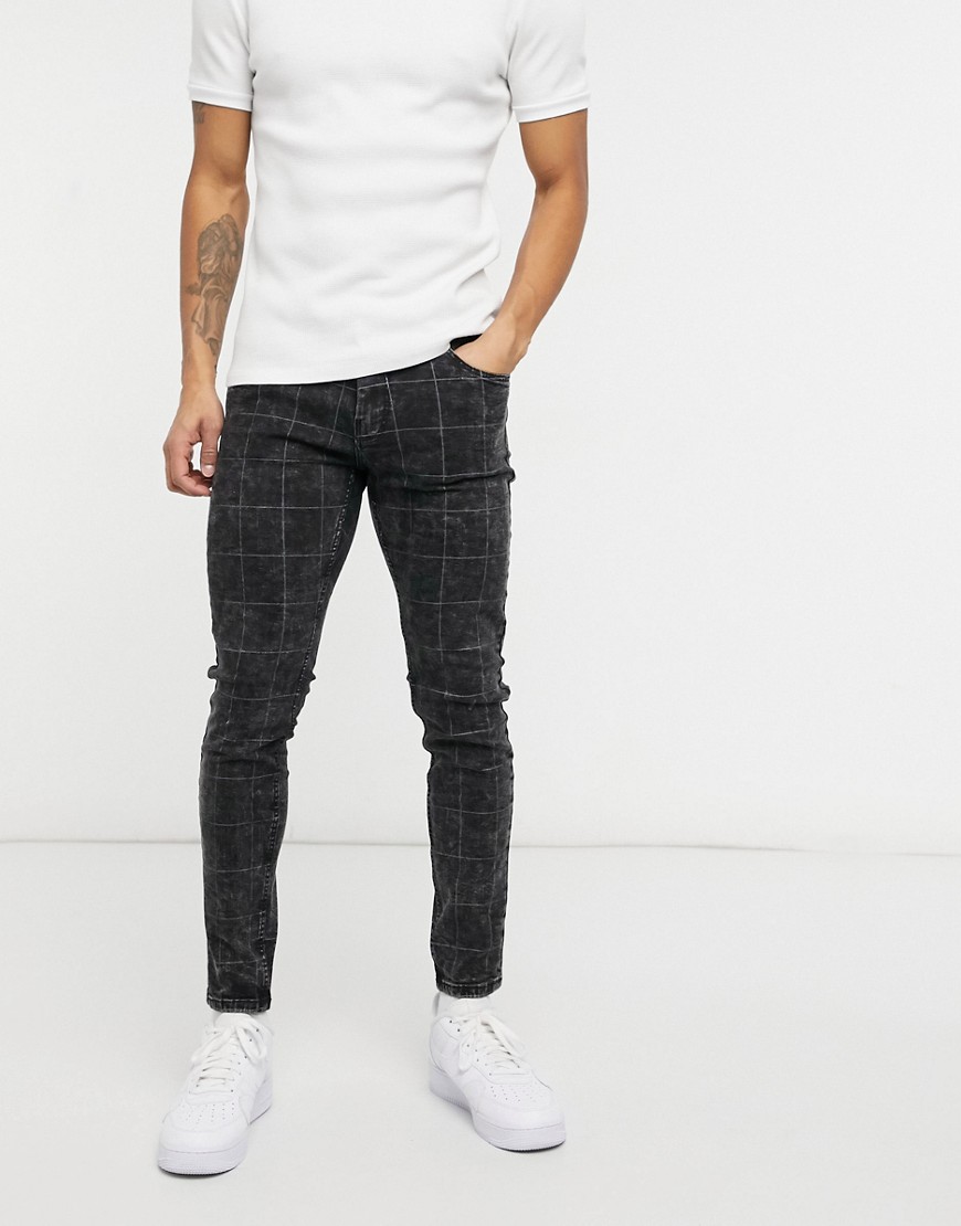 Bershka - Skinny jeans met rasterprint in zwart met wassing-Grijs