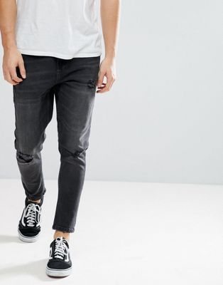 black ripped tapered jeans mens