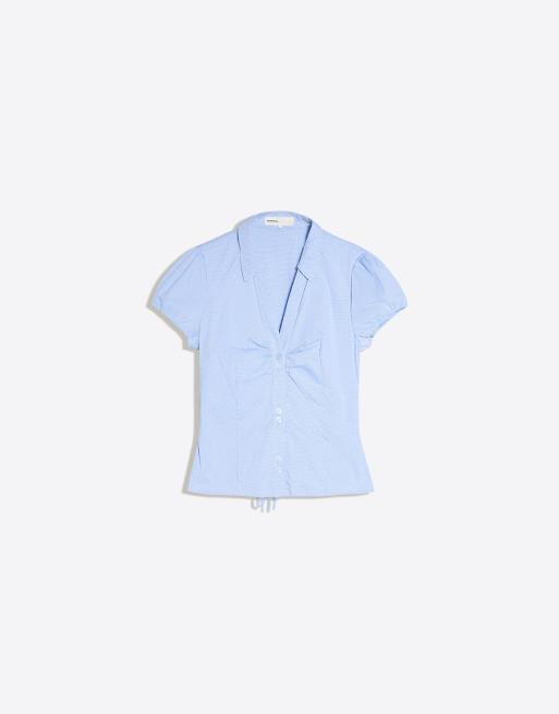 Bershka skjorta med korta ärmar i poplin och rosett i denimblått, 5 av 5