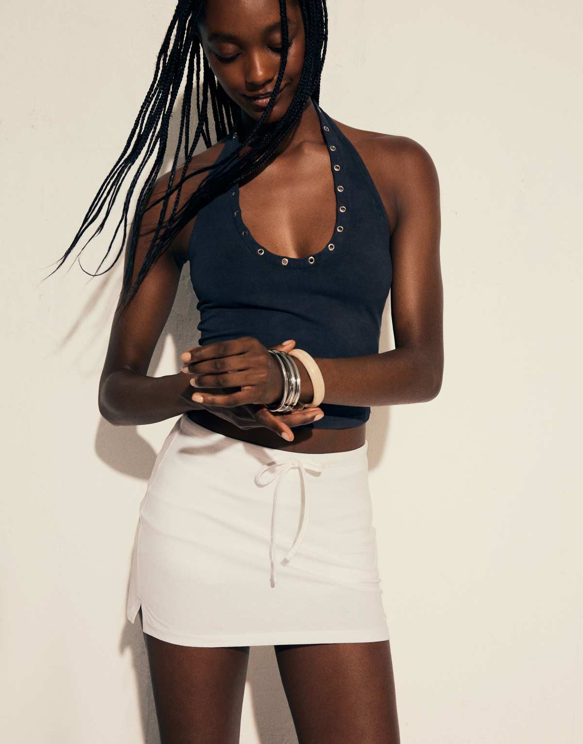 Bershka skort with tie waistband in white