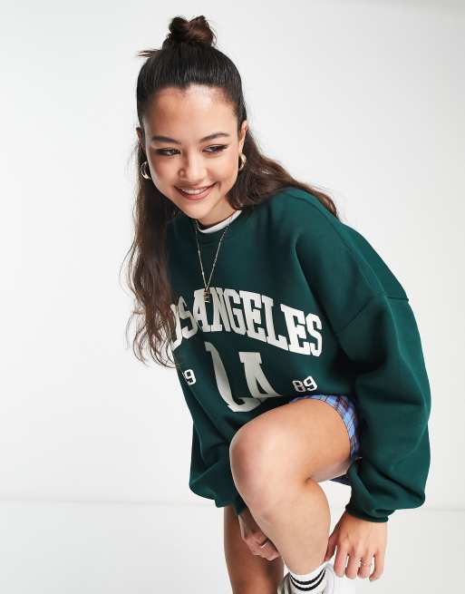 Bershka - Skovgrøn sweatshirt med 'Los Angeles'-print