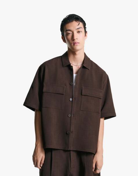 Bershka - Skræddersyet og brun skjorte med korte ærmer - view 1