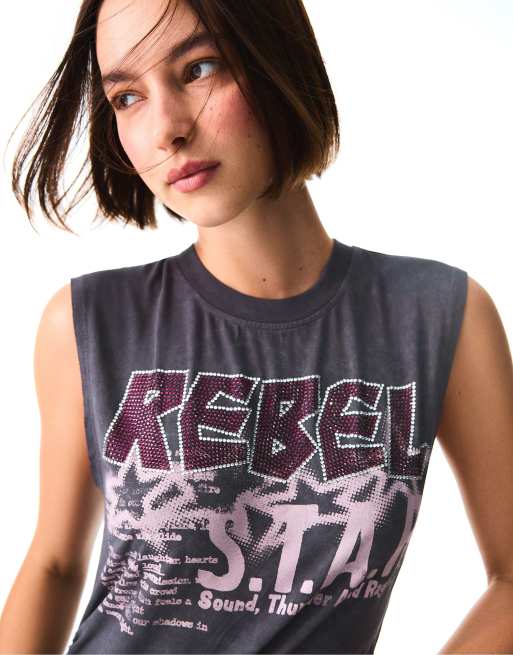 Bershka Sleeveless print t-shirt in grey, 4 of 6