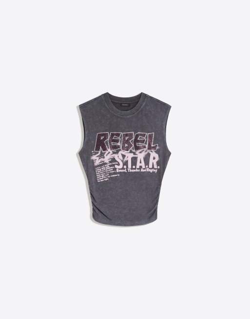 Bershka Sleeveless print t-shirt in grey, 6 of 6