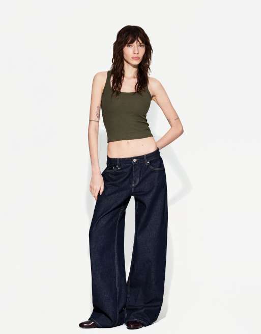 Bershka Sleeveless ribbed t-shirt in khaki