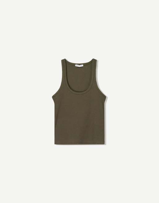 Bershka Sleeveless ribbed t-shirt in khaki