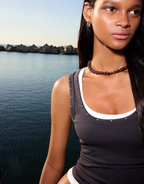 Bershka Sleeveless t-shirt with studs in washed grey - view 1