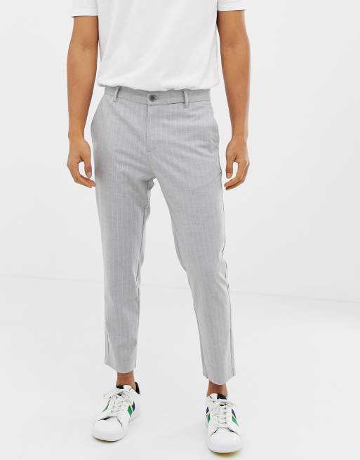 Bershka slim cropped fit trousers in grey with stripes | ASOS