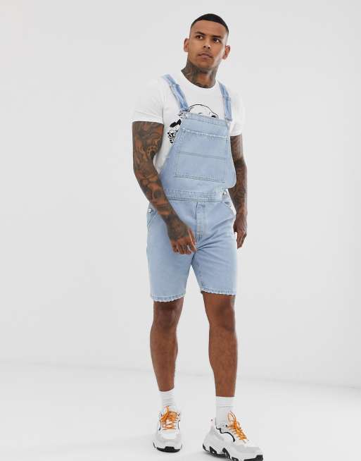 Bershka slim denim dungaree shorts in light blue ASOS