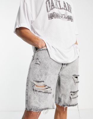 Bershka slim distressed denim shorts in grey