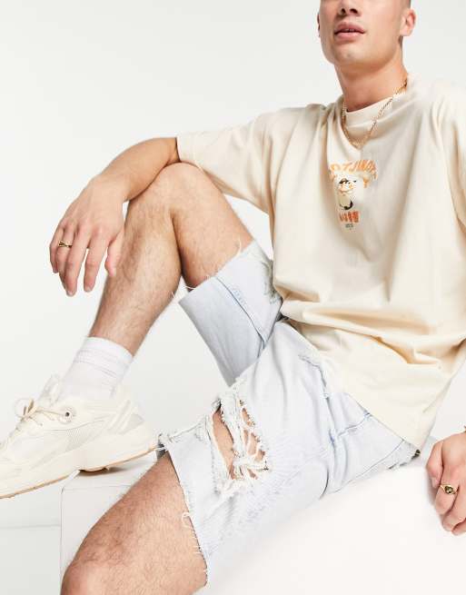 Bershka slim distressed denim shorts in light blue