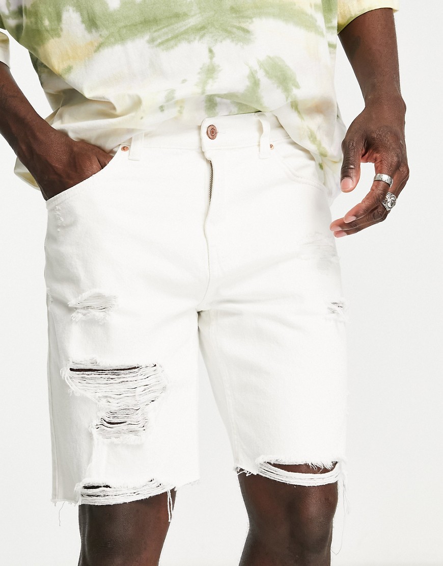 Bershka slim distressed denim shorts in white