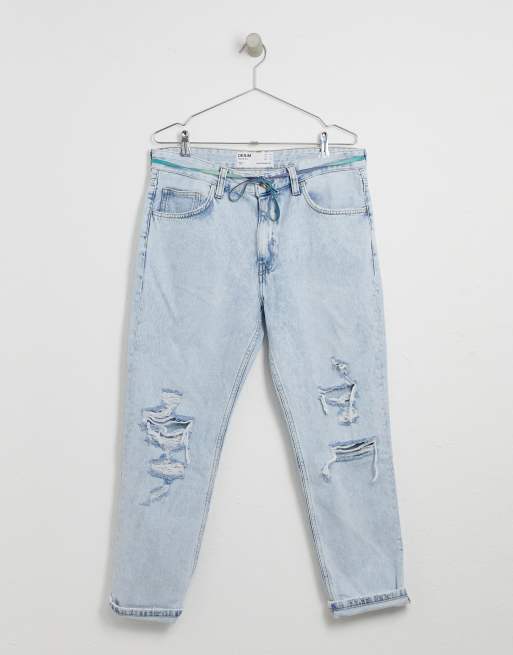 Bershka slim fit cropped jeans with shoelace belt in light blue ASOS