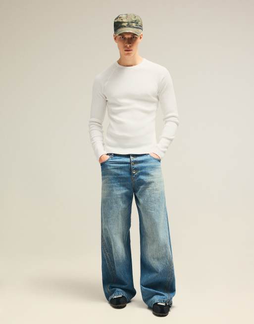 Bershka slim-fit geribbelde T-shirt met lange mouwen in wit, 2 van 7