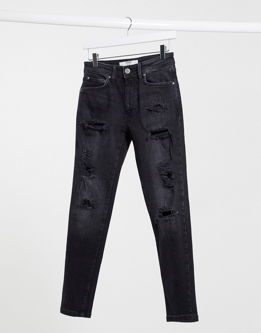 Bershka - Slim-fit jeans met scheuren in zwarte wassing