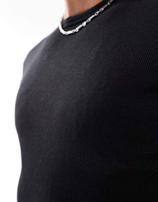 Bershka slim fit rib t-shirt in black