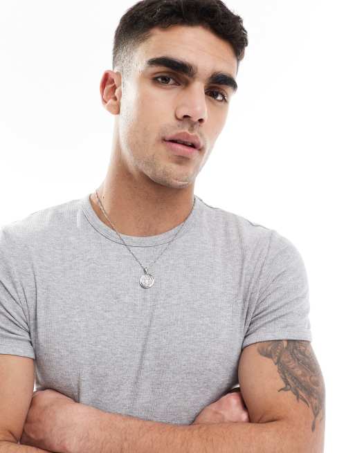 Bershka slim fit rib t-shirt in grey