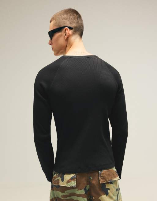 Bershka Slim-fit ribbed long sleeve t-shirt in black, 3 of 7