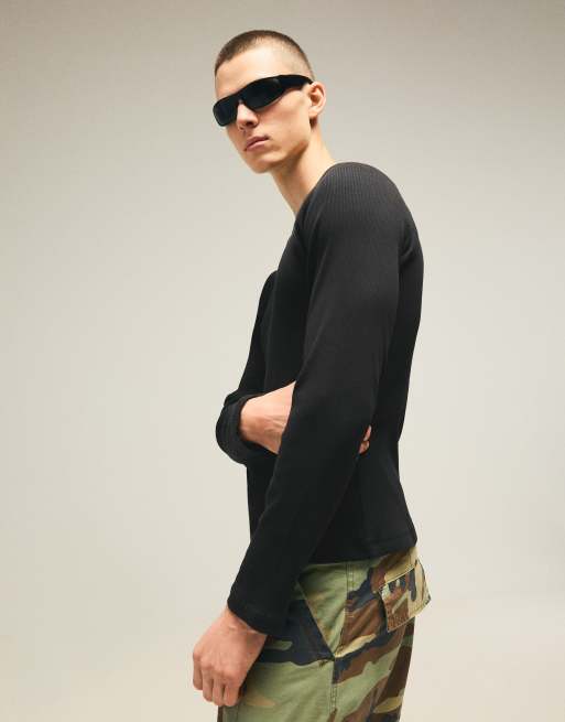 Bershka Slim-fit ribbed long sleeve t-shirt in black, 5 of 7