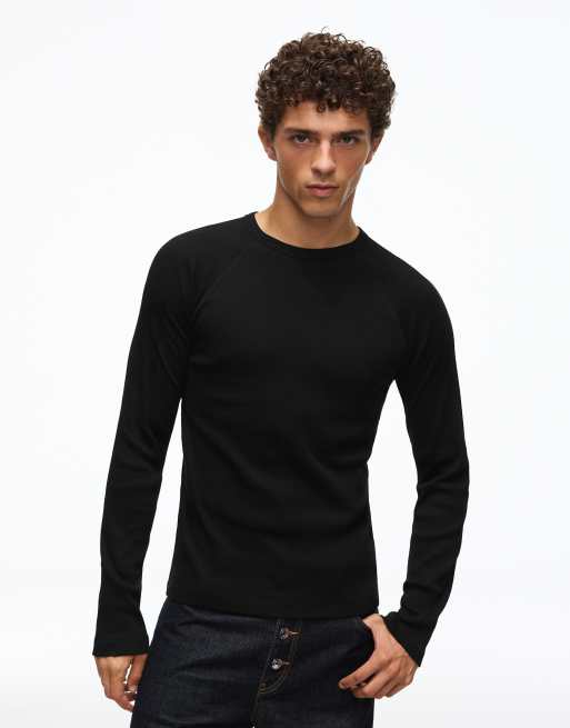 Bershka Slim-fit ribbed long sleeve t-shirt in black, 6 of 7
