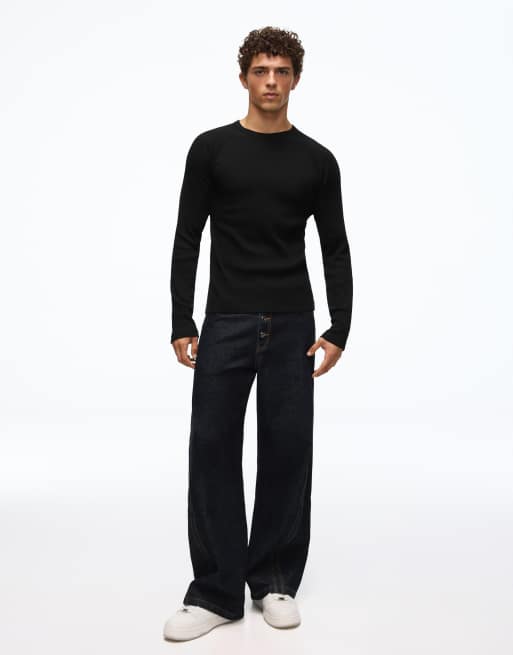 Bershka Slim-fit ribbed long sleeve t-shirt in black, 7 of 7