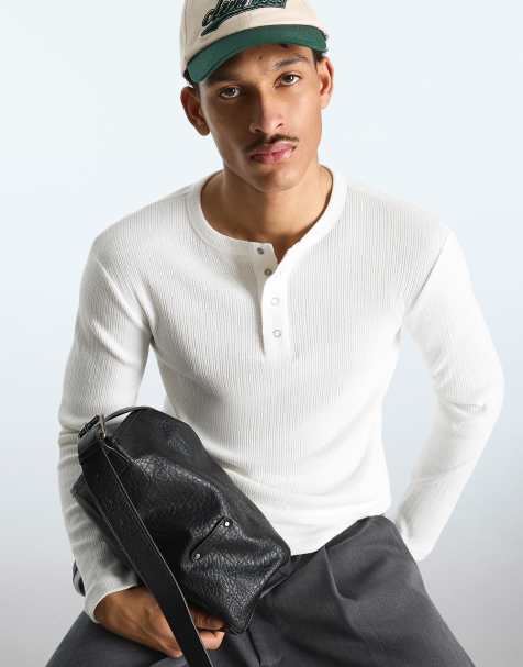 Bershka - Slim-fit T-shirt met lange mouwen en Henley-kraag in wit - view 1