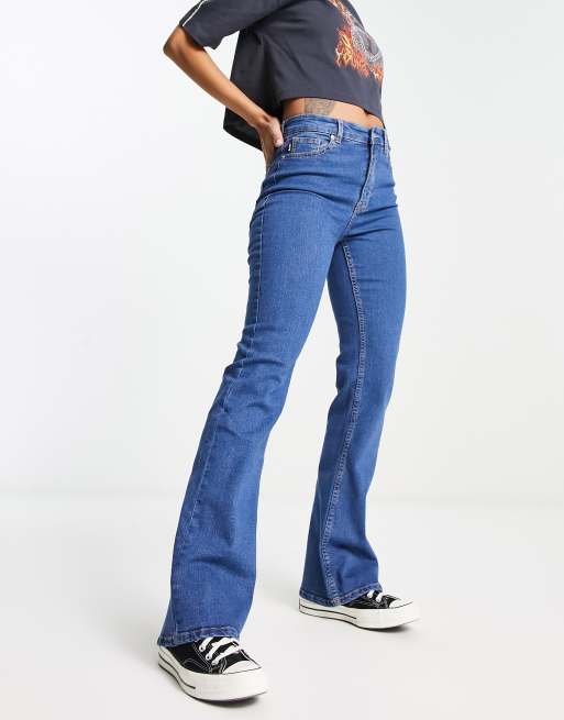 Bershka high waisted flared jeans in mid blue