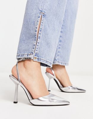 Bershka sling back heeled shoe in silver metallic