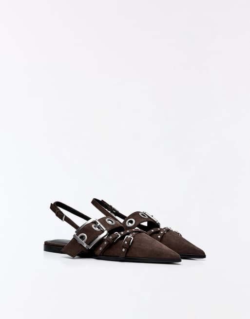 Bershka slingback ballerina's met gesp in bruin, 4 van 7