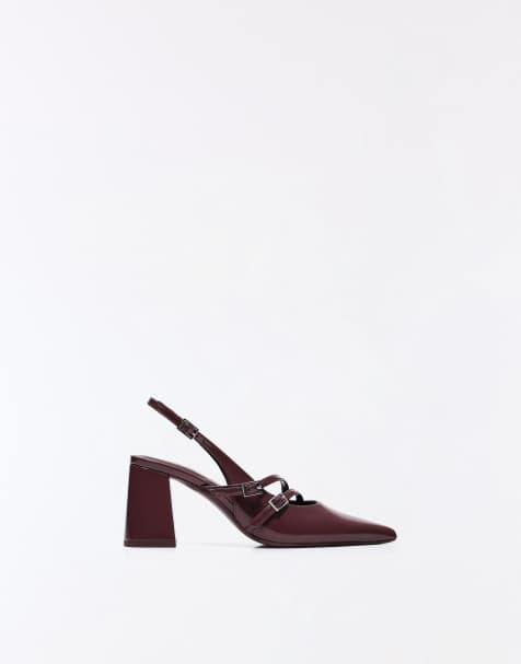Bershka Slingback block heel shoes with buckles in burgundy - view 1