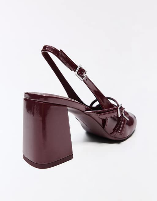 Bershka - Slingback schoenen met blokhak en gespen in bordeauxrood, 4 van 4