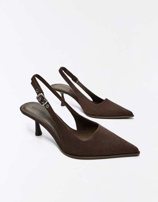 Bershka slingback schoenen met kitten heel in bruin, 6 van 7