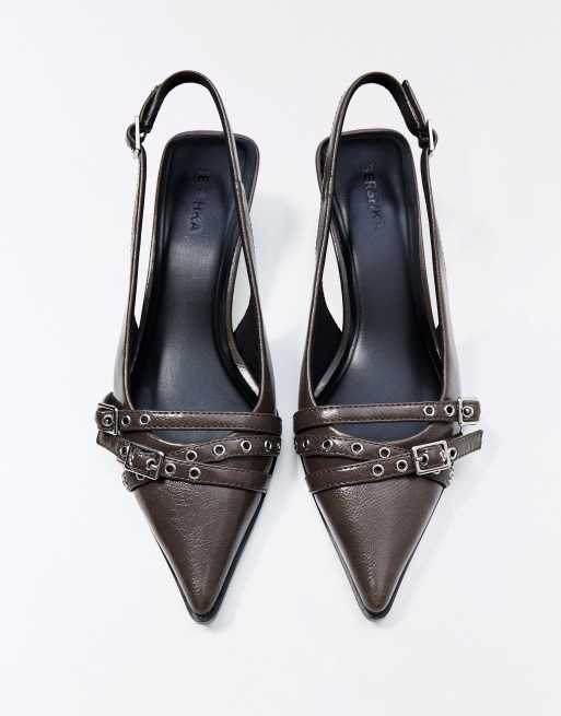 Bershka - Slingback schoenen met kittenhak en gespen in grijs, 2 van 4