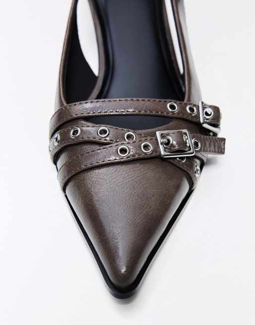 Bershka - Slingback schoenen met kittenhak en gespen in grijs, 3 van 4