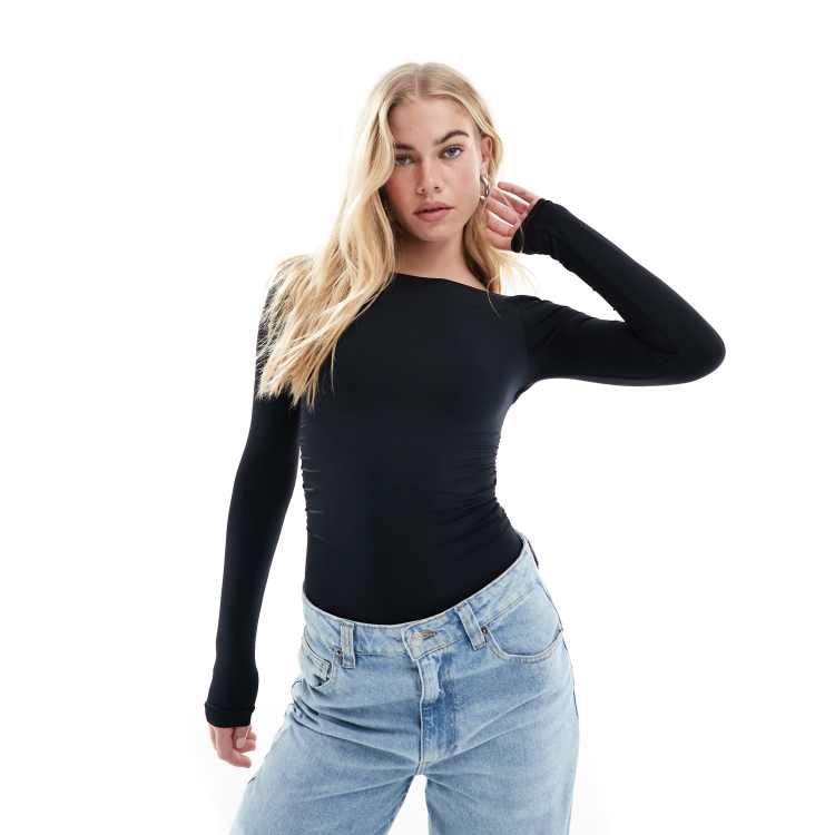 Bershka slinky gathered detail bodysuit in black