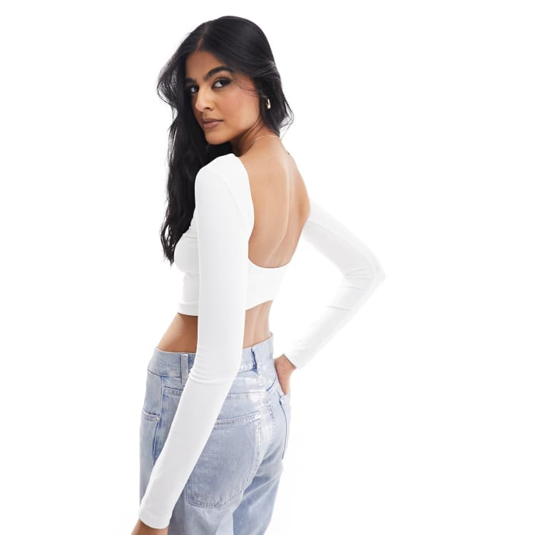 Bershka slinky slash neck low back long sleeve top in ecru