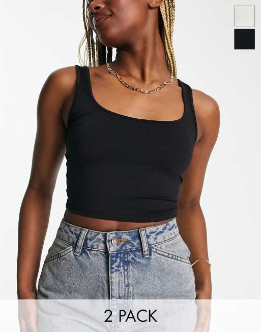 Bershka ribbed cropped tank top 2 pack in black and white