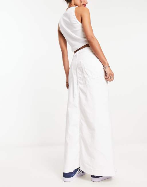 Bershka slit front denim midi skirt in white | ASOS
