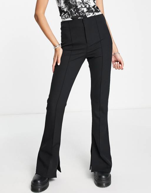 Womens Flare Pants Black High Waist Zipper Seam Slit Front Leg