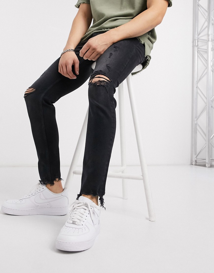Bershka – Slitna skinny jeans i svart tvätt