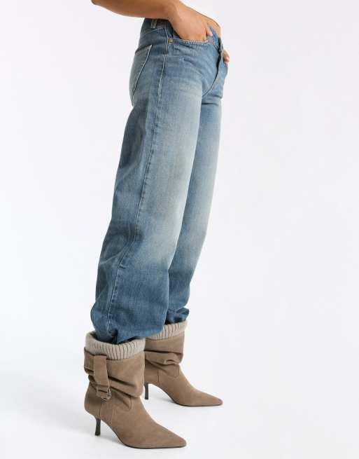 Bershka slouchy ankelboots i läderimitation i beige, 2 av 6