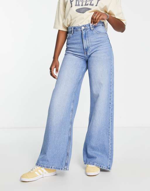 Bershka high rise flared jeans in mid blue