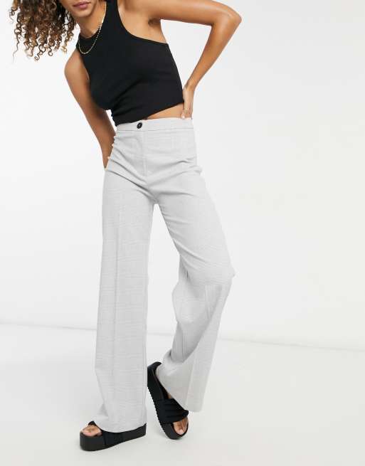 Bershka slouchy Dad wide leg tailored pants in gray plaid