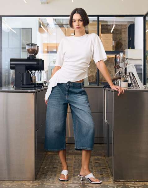 Bershka Slouchy denim jort bermuda shorts in mid blue