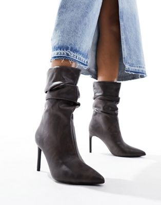 Bershka Slouchy Heeled Boots In Washed Gray In Brown