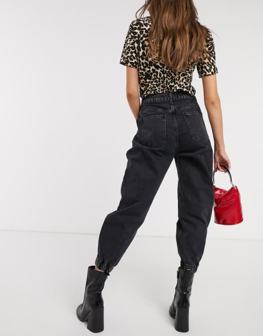 Bershka slouchy jean with cuff detail in black