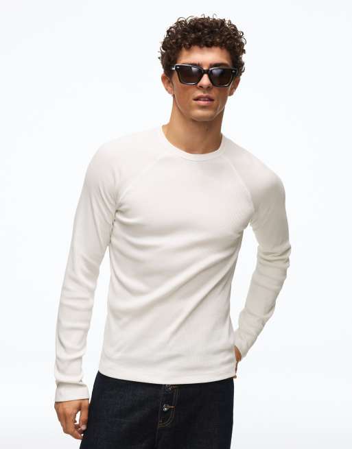 Bershka smal ribbad långärmad t-shirt i vitt, 5 av 7