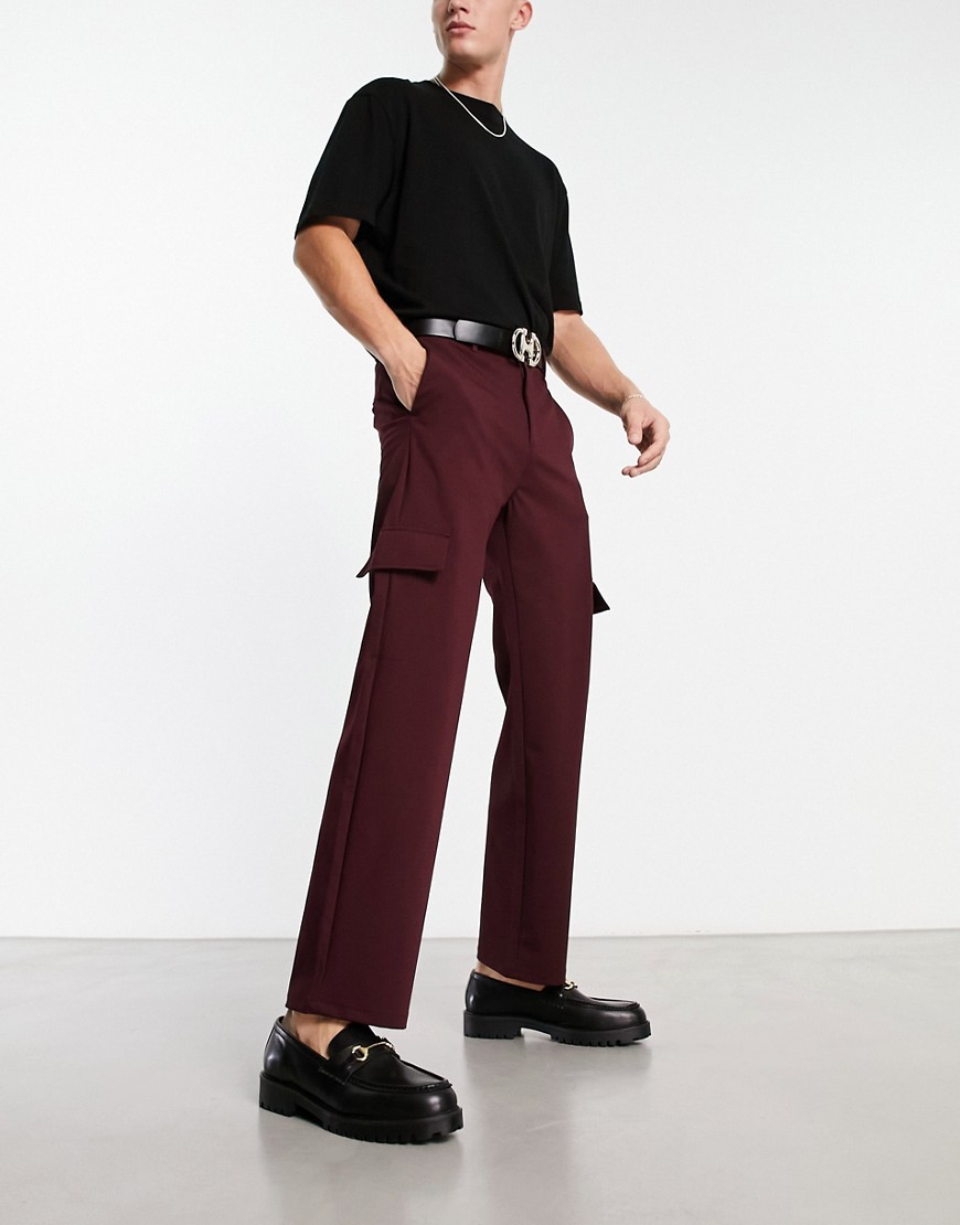 Bershka smart loose tailored pants in burgundy